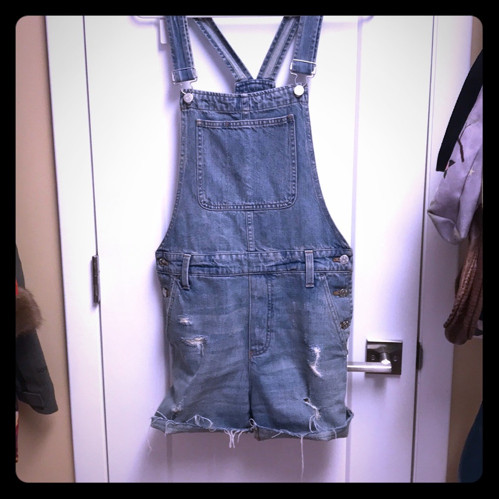 Denim cutoff overalls by Madewell, size medium